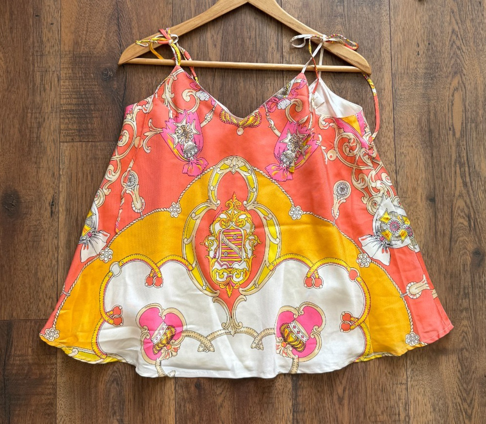 Y2K Glam Silk Baroque Scarf Print Julie Brown Strappy Top Coral Gold L
